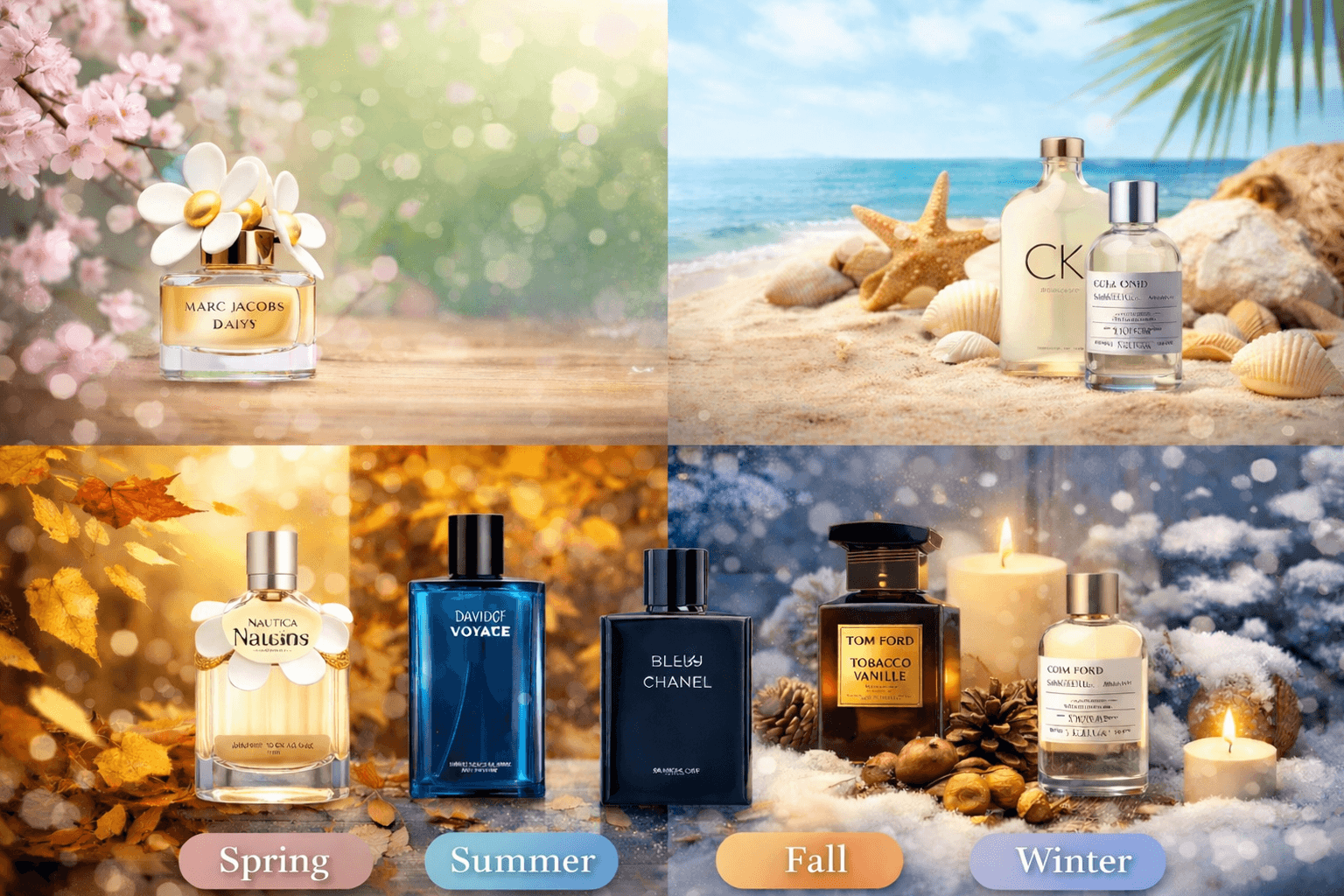 Cách chọn nước hoa theo mùa (Xuân – Hè – Thu – Đông) | Hướng dẫn chi tiết từ chuyên gia